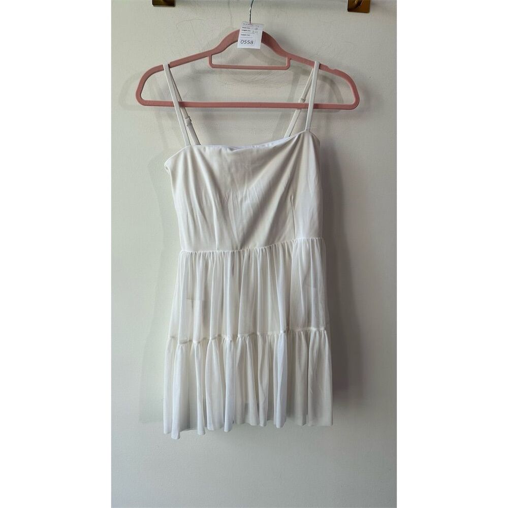 558 . Blogilates Women's White Tiered Mini Dress Size S Square Neck